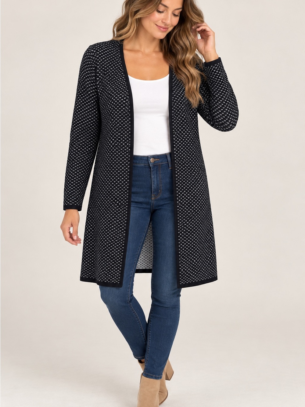 Vince Camuto Women’s Medium Long Open Front Cardigan Black Gray Geometric Knit
